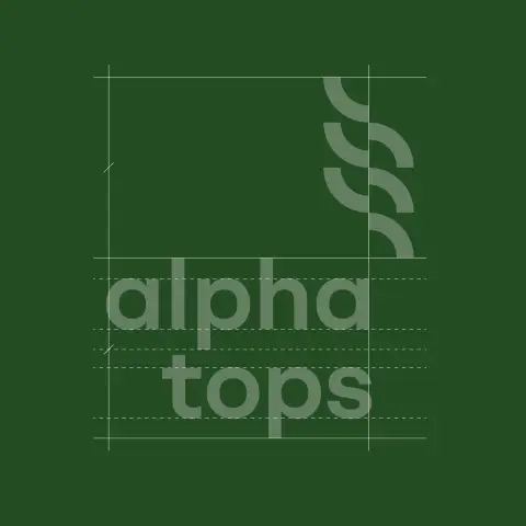 Lignes de construction illustrant la structure et les proportions des éléments du logo de Alpha Tops.