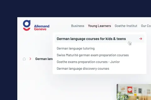 Détail d'un élément UI avec un menu déroulant et l'identité visuelle de l'Institut Allemand Genève, sur le site web réalisé par aminima