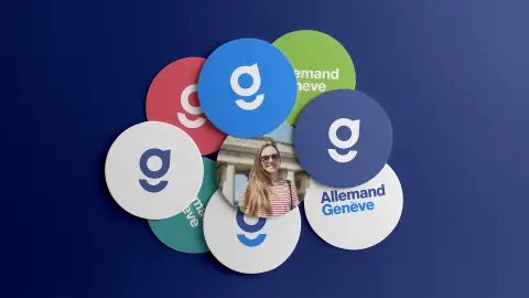 Identité visuelle, logo et couleurs de l'Institut Allemand Genève utilisés sur des pastilles rondes
