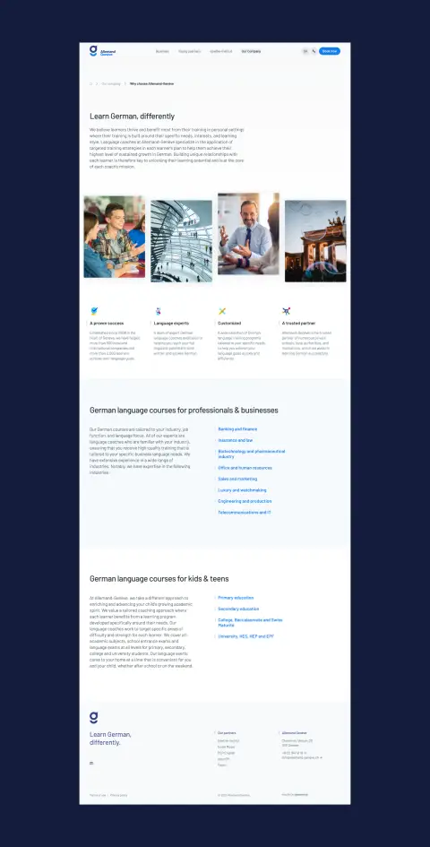Capture d'écran d'une page d'information sur l'entreprise issue du site web de l'Institut Allemand Genève réalisé par aminima