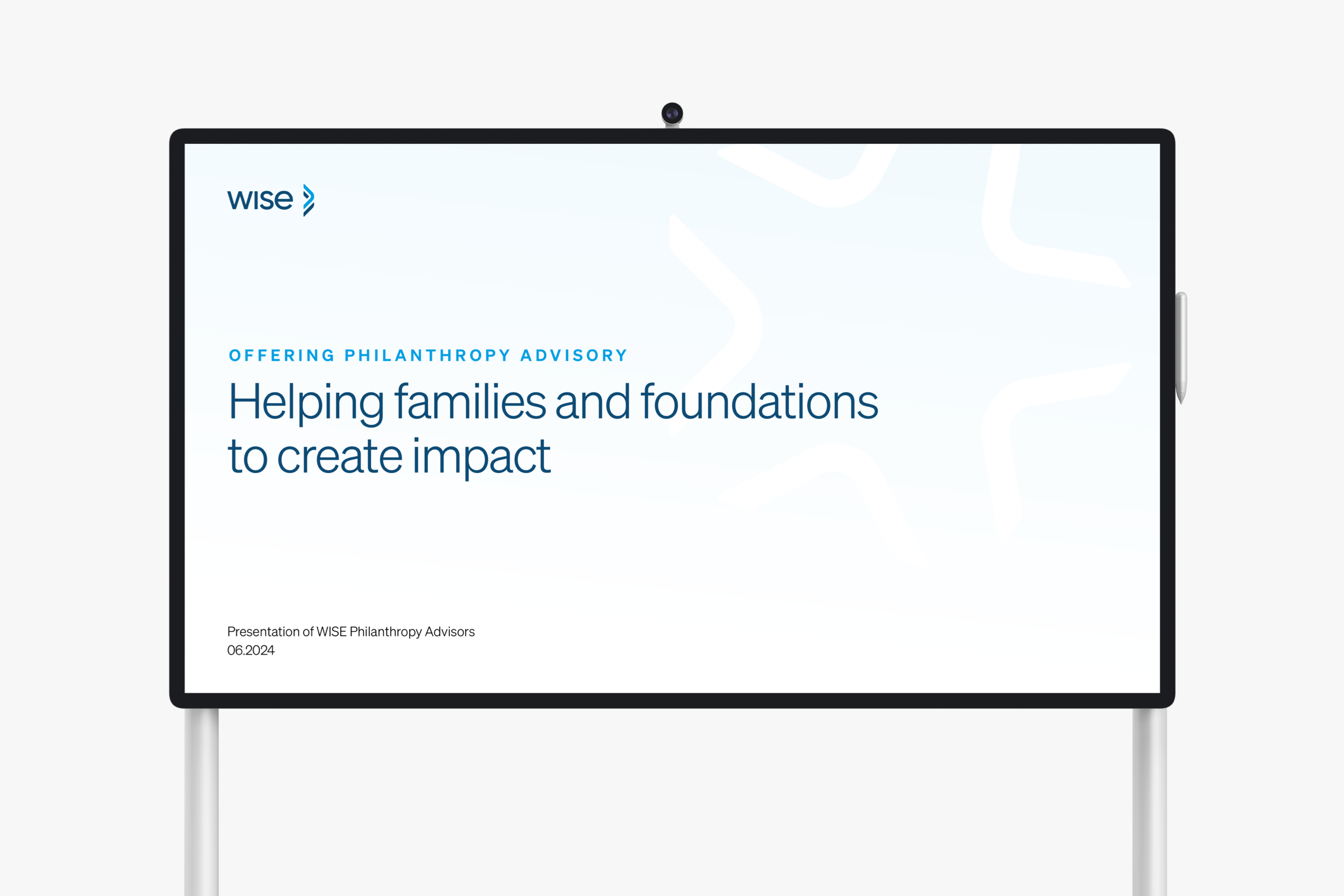 L'identité visuelle de WISE Philanthropy Advisors utilisée sur un modèle de présentation PowerPoint