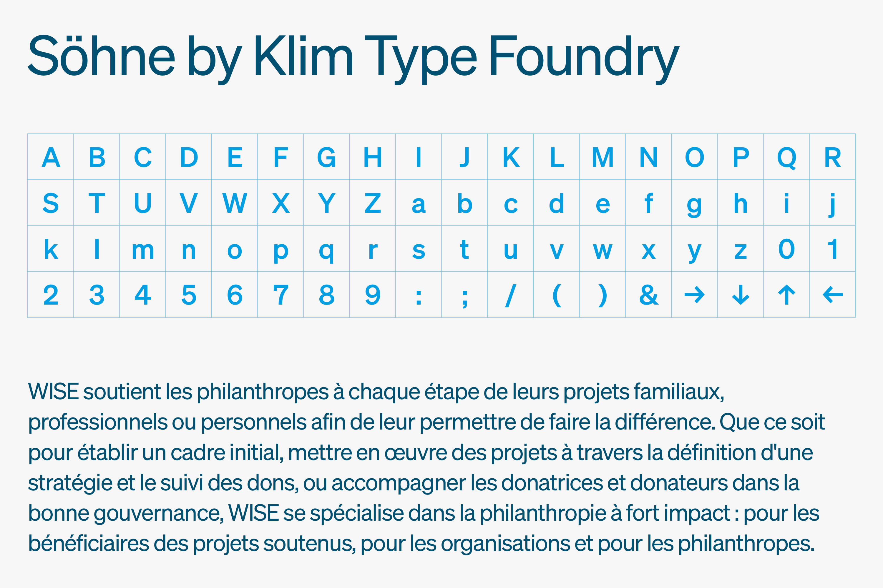 Spécimen de la typographie Söhne par Klim Type Foundry, utilisée dans l'identité de WISE Philanthropy Advisors