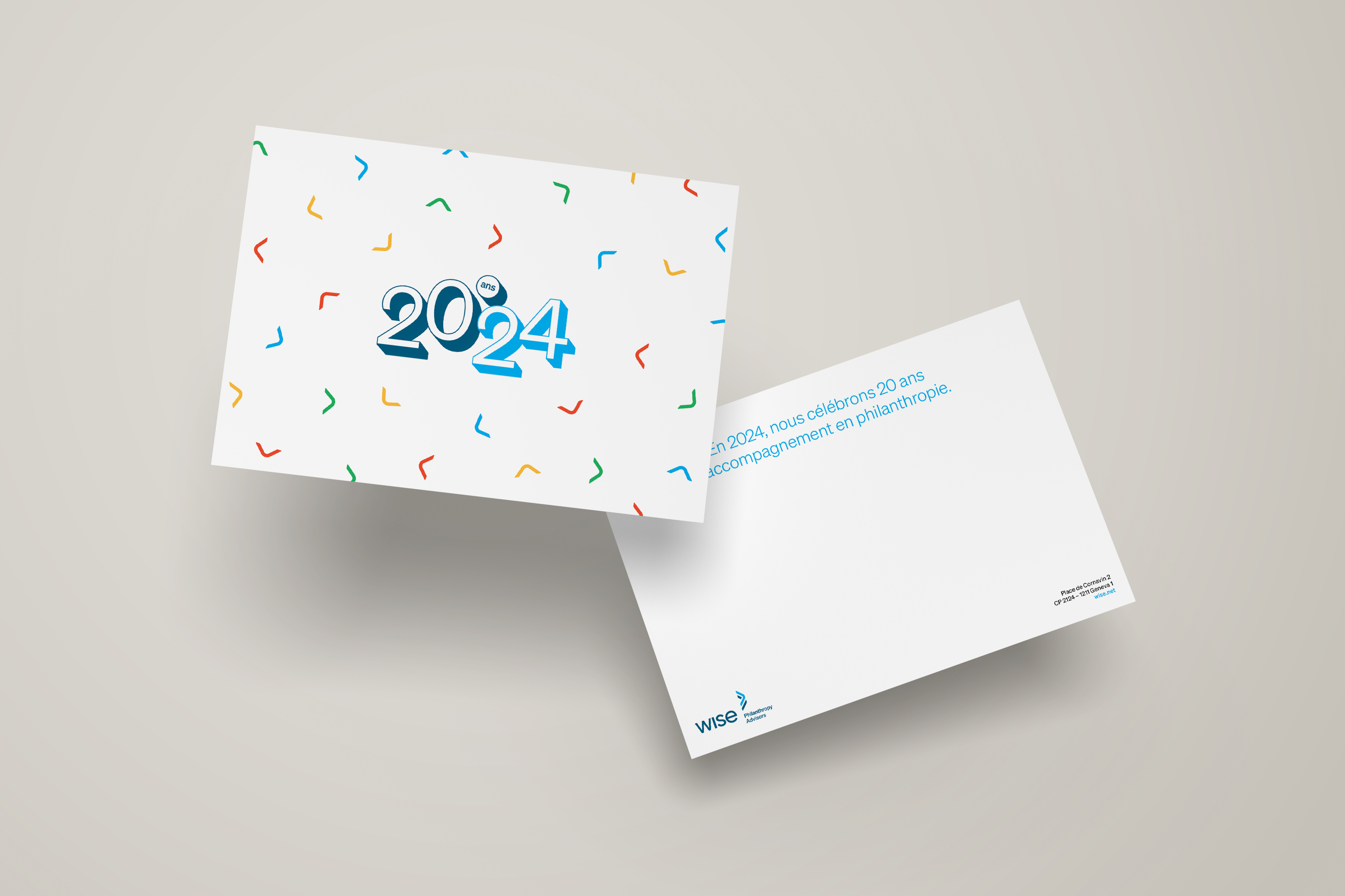 Carte de vœux réalisée en exploitant de façon festive l'identité visuelle réalisé par aminima pour WISE Philanthropy Advisors