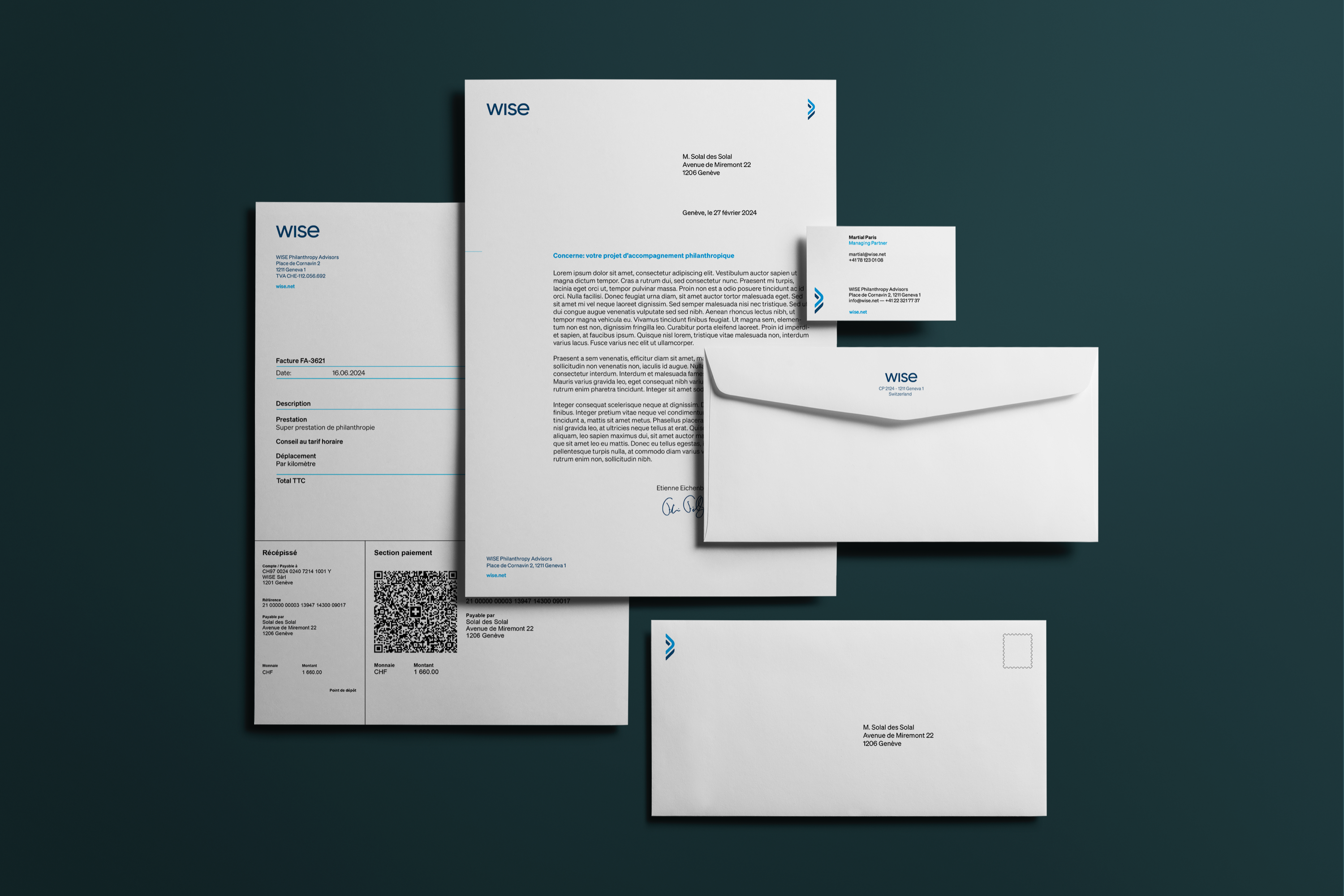 L'identité visuelle de WISE Philanthropy Advisors utilisée sur de la papeterie, une facture, une carte de visite et des enveloppes